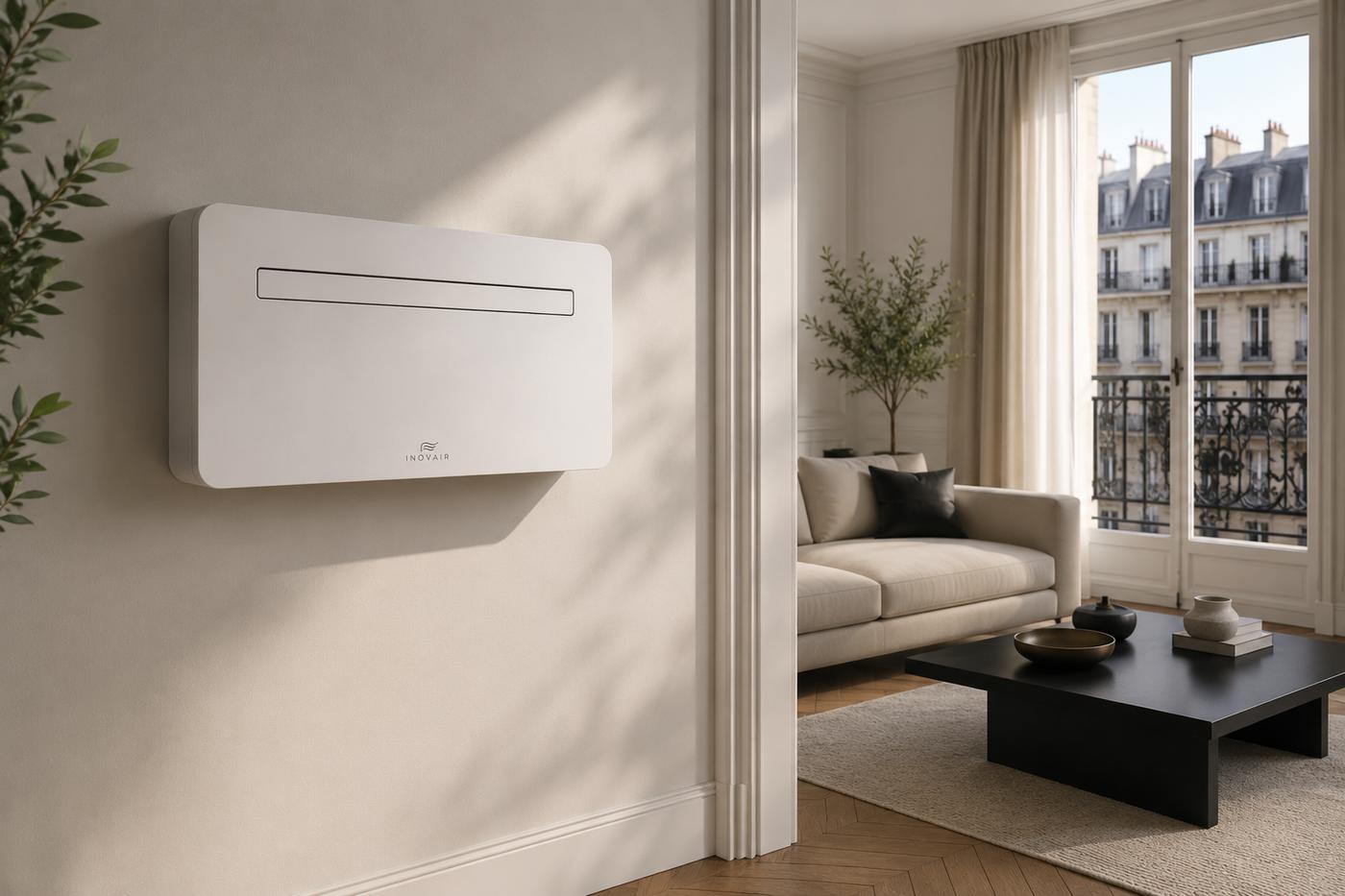Climatiseur INOVAIR installé dans un salon parisien, vue sur immeuble haussmannien